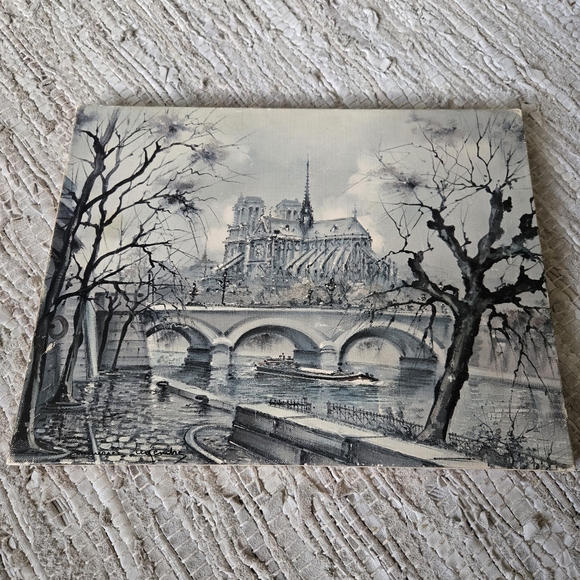 None Other - Original Vintage Art Oil Painting Canvas Notre Dame Paris Seine Spooky Halloween